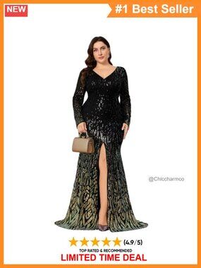 Plus Size Sequin Maxi Dress Long Sleeve V-Neck Formal Cocktail Evening Party